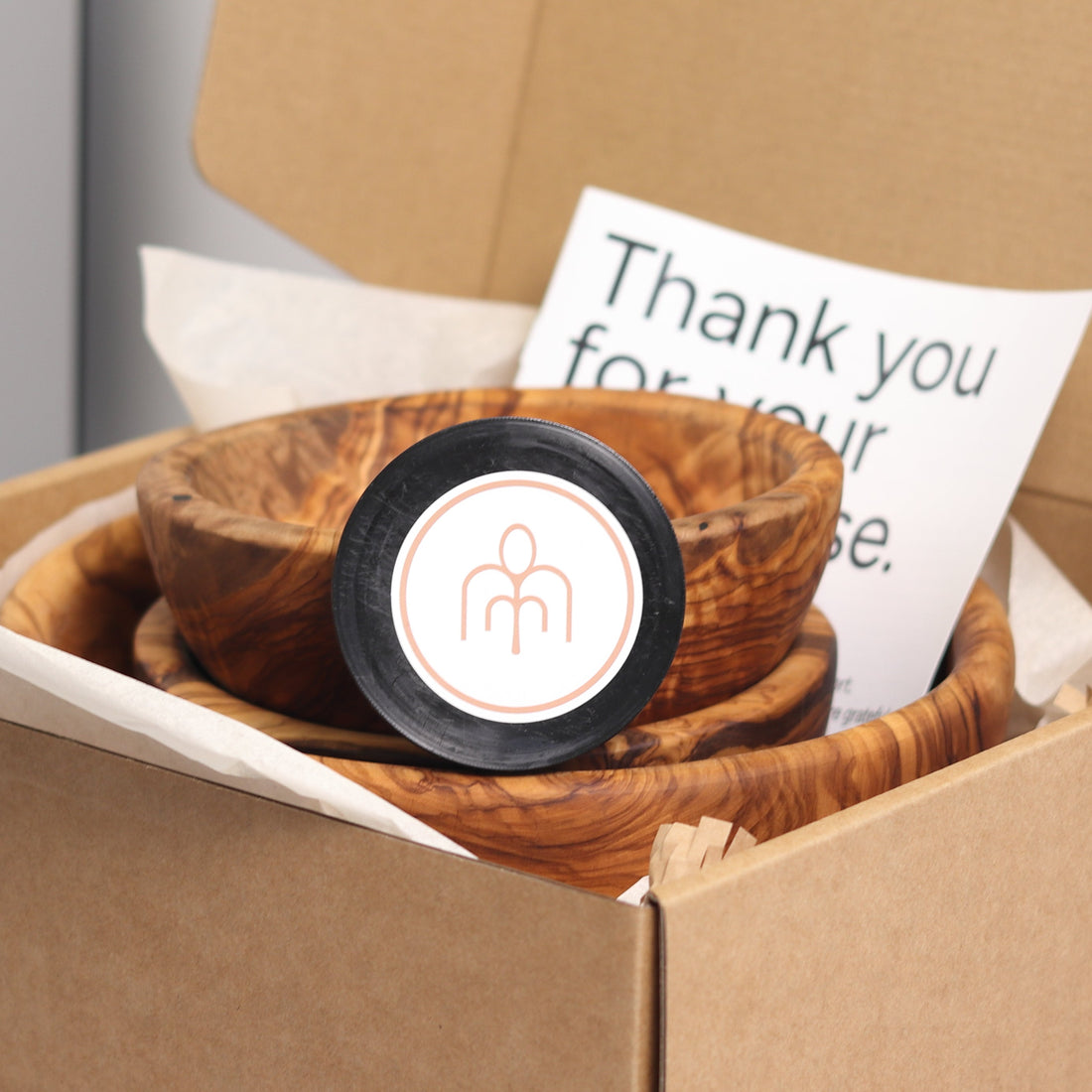 Olive wood bowls in a gift box with a thank-you card