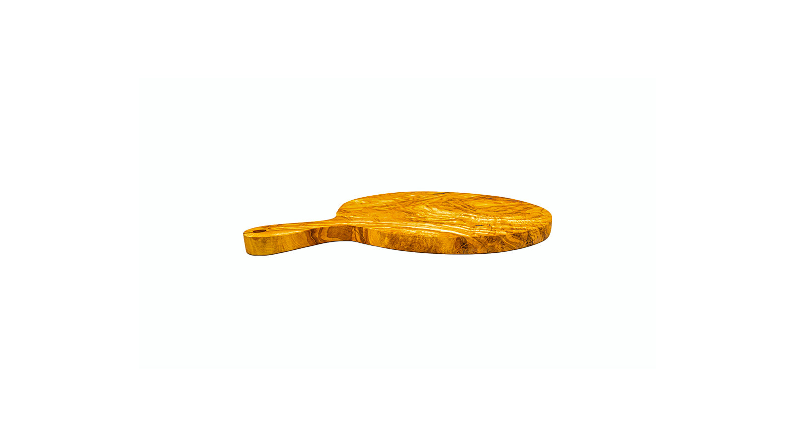 Low angle profile of an artisan circular olive wood cutting board highlighting its solid one-piece construction and smooth finish.