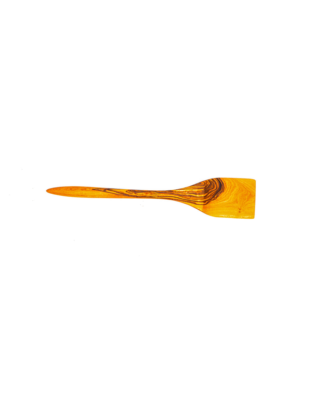 Horizontal profile of an artisan flat olive wood kitchen scraper showing the thin, tapered edge and smooth ergonomic handle.