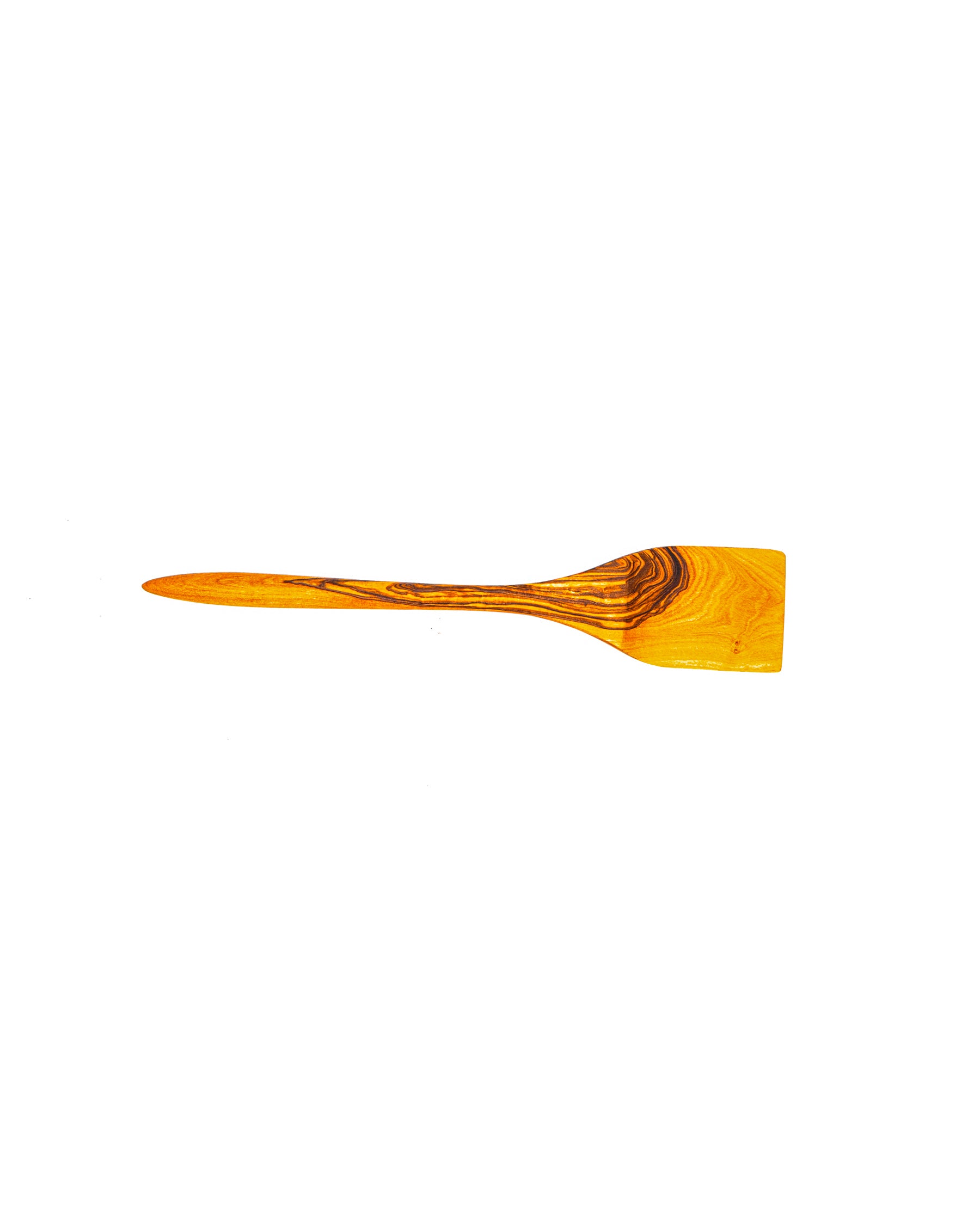 Horizontal profile of an artisan flat olive wood kitchen scraper showing the thin, tapered edge and smooth ergonomic handle.