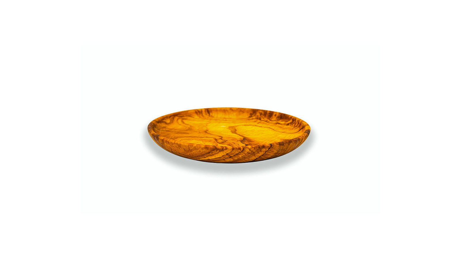 Side profile of a thin, artisan olive wood appetizer plate, highlighting the sleek handcrafted edges.