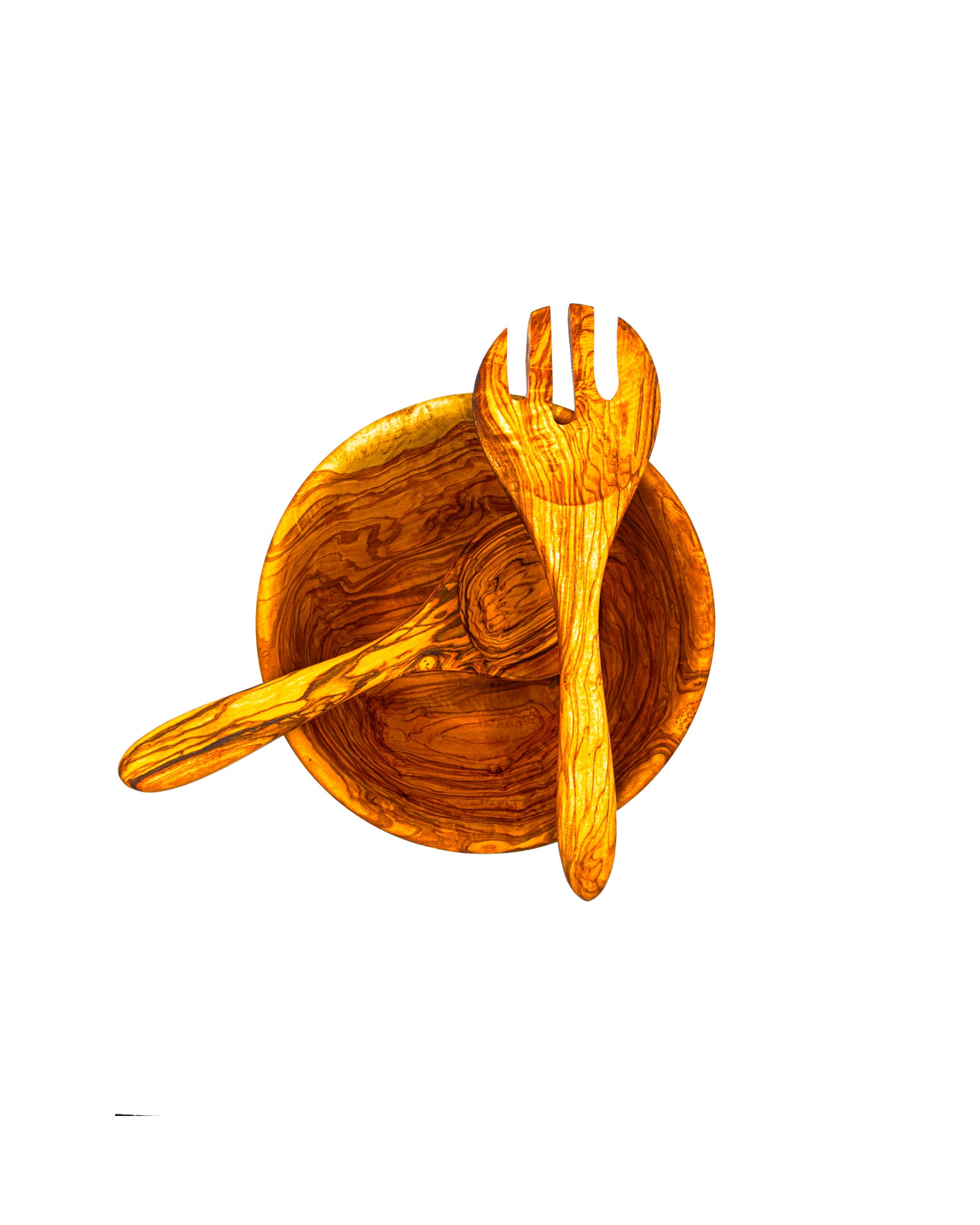 Overhead view of a handcrafted olive wood bowl with rustic serving tools, highlighting the unique natural grain patterns.
