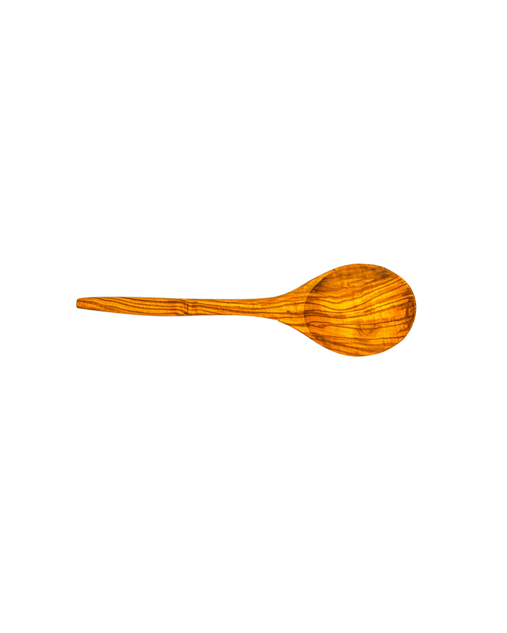 Horizontal view of an artisan olive wood cooking spoon showing the slender handle and smooth, food-safe finish.