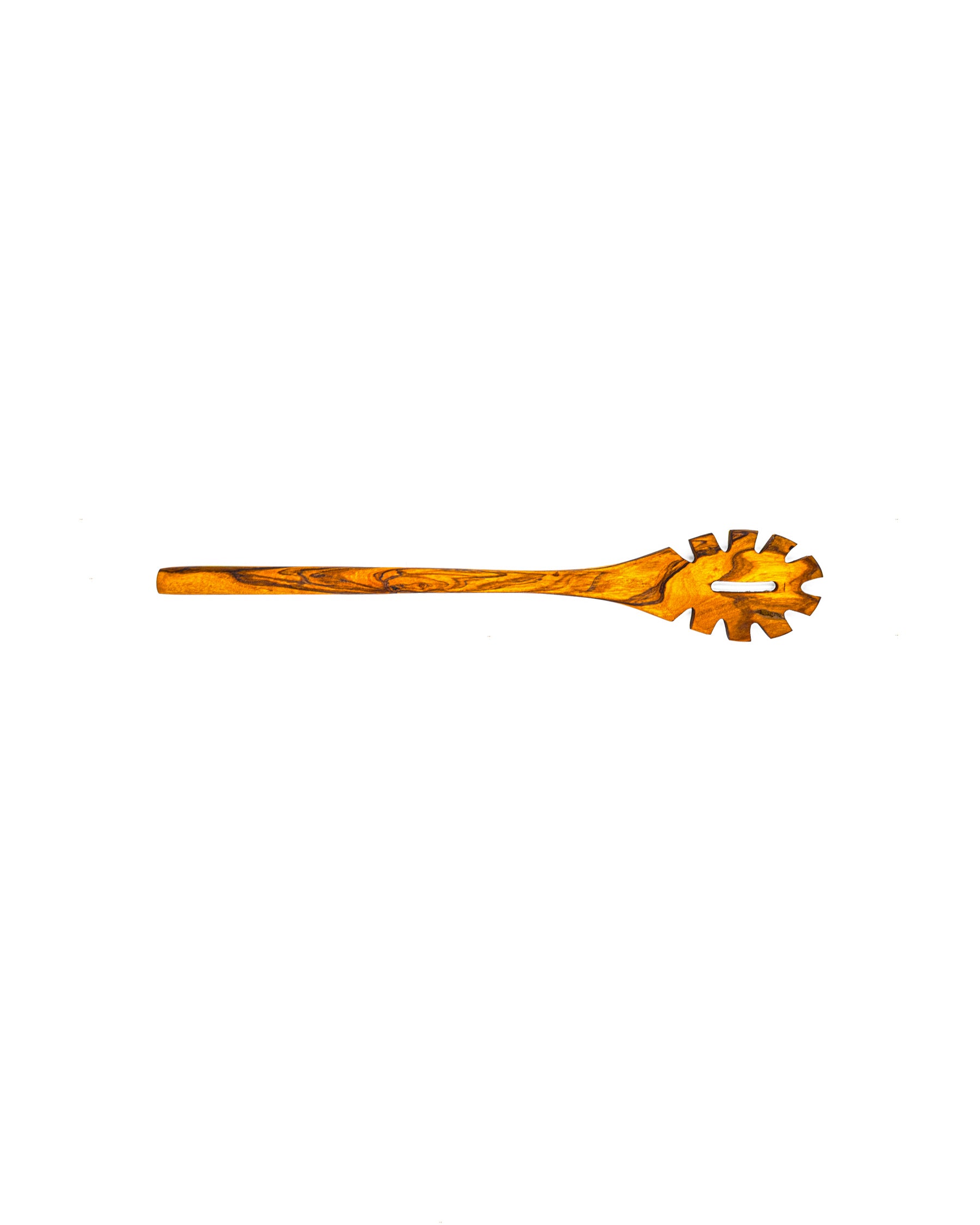 Horizontal profile of an artisan olive wood pasta fork showing the long handle and natural wood grain, ideal for high-heat pasta stirring.