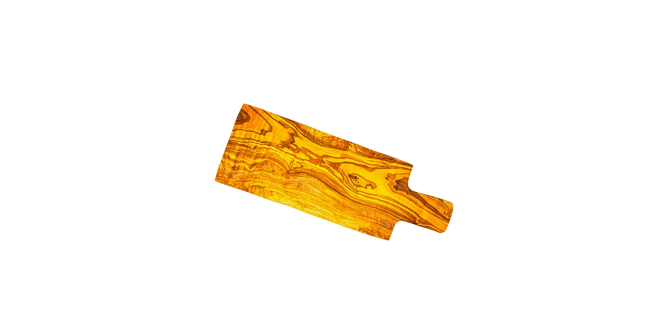 Perspective view of an artisan olive wood serving paddle showing the smooth finish and sturdy, one-piece construction.