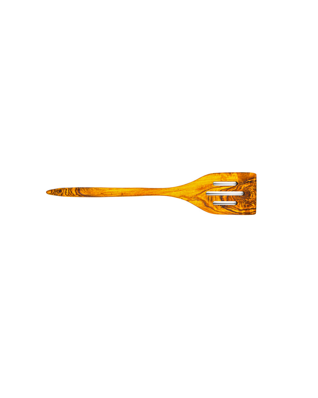 Horizontal view of an artisan olive wood slotted turner showing the flat head and slender handle, perfect for high-heat cooking.