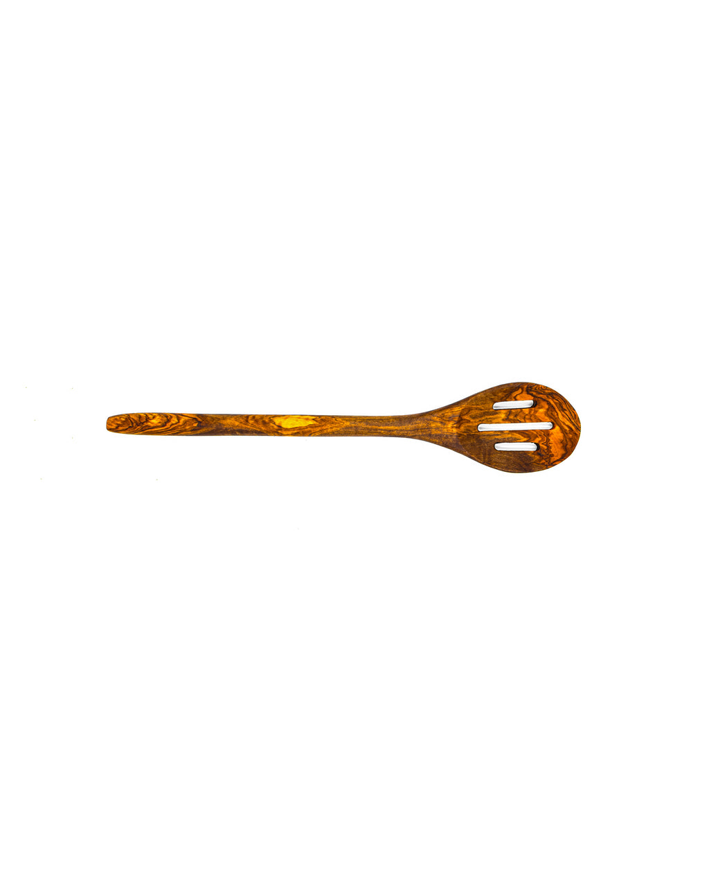 Horizontal view of an artisan slotted olive wood cooking spoon showing the deep bowl and long ergonomic handle with natural grain.