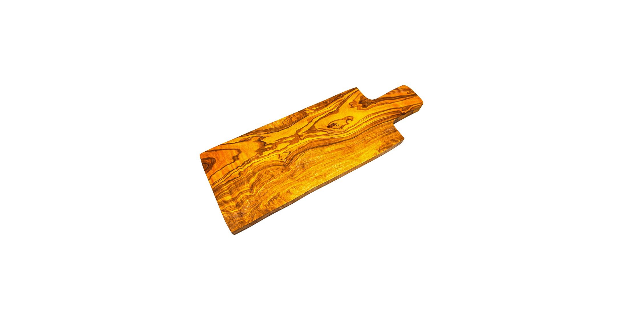 Angle view of a hand-carved olive wood bread board, showcasing the high-contrast marbling and durable surface.