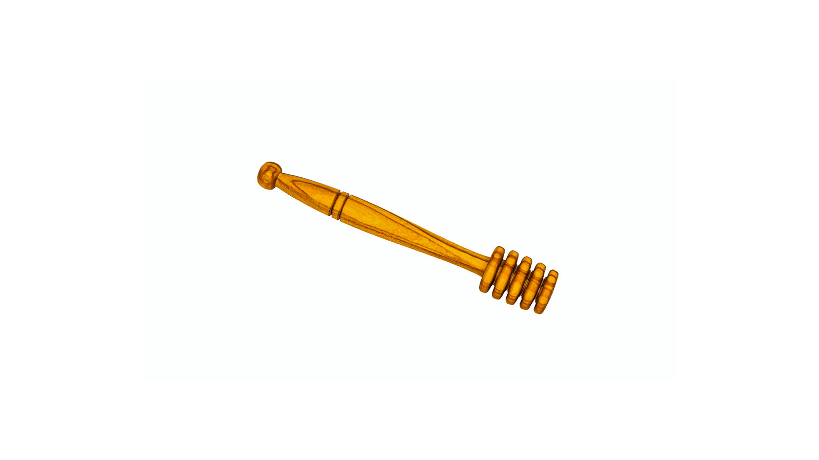 Horizontal view of a hand-carved olive wood honey drizzler on a white background, perfect for charcuterie boards and tea sets.