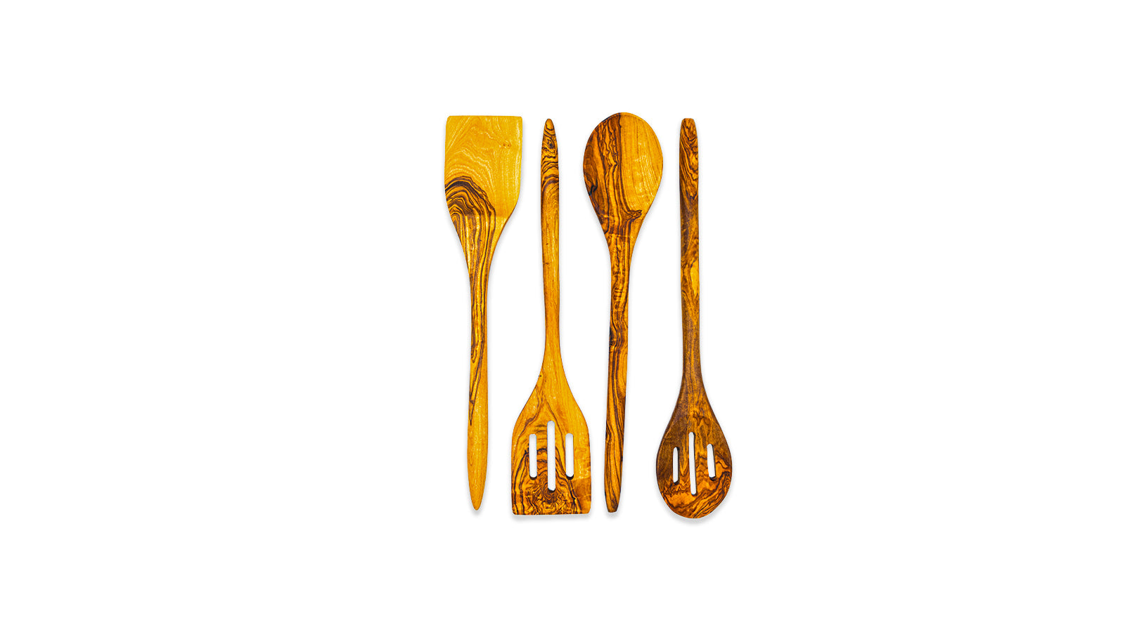 Handcrafted 4-piece olive wood kitchen utensil set featuring a spatula, slotted turner, solid spoon, and slotted spoon.