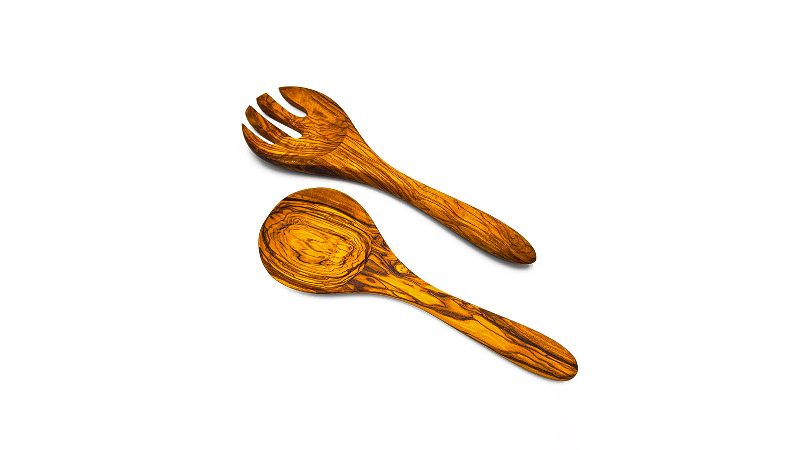 A pair of handcrafted olive wood salad servers, including a large serving spoon and a wide-pronged fork, featuring deep natural wood grain.