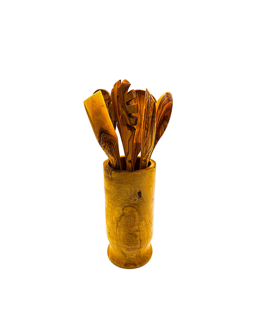 Close-up of a 6-piece olive wood kitchen utensil set, including a pasta server and spatulas, neatly organized in a tall wooden holder.