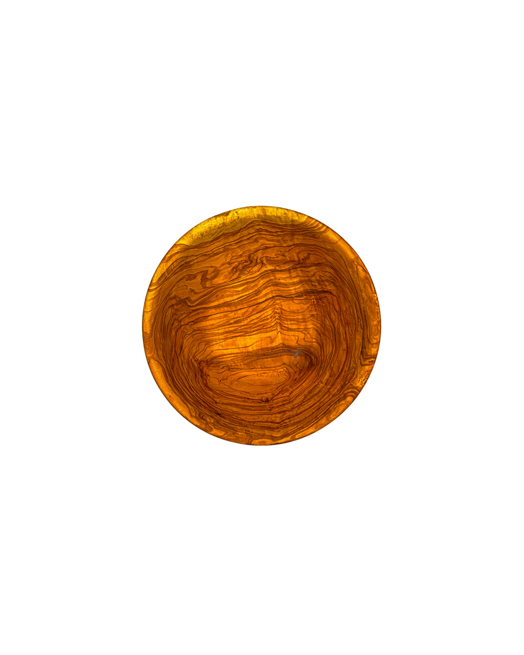 Top-down view of a large handcrafted olive wood salad serving bowl, showcasing the expansive and intricate natural wood grain.
