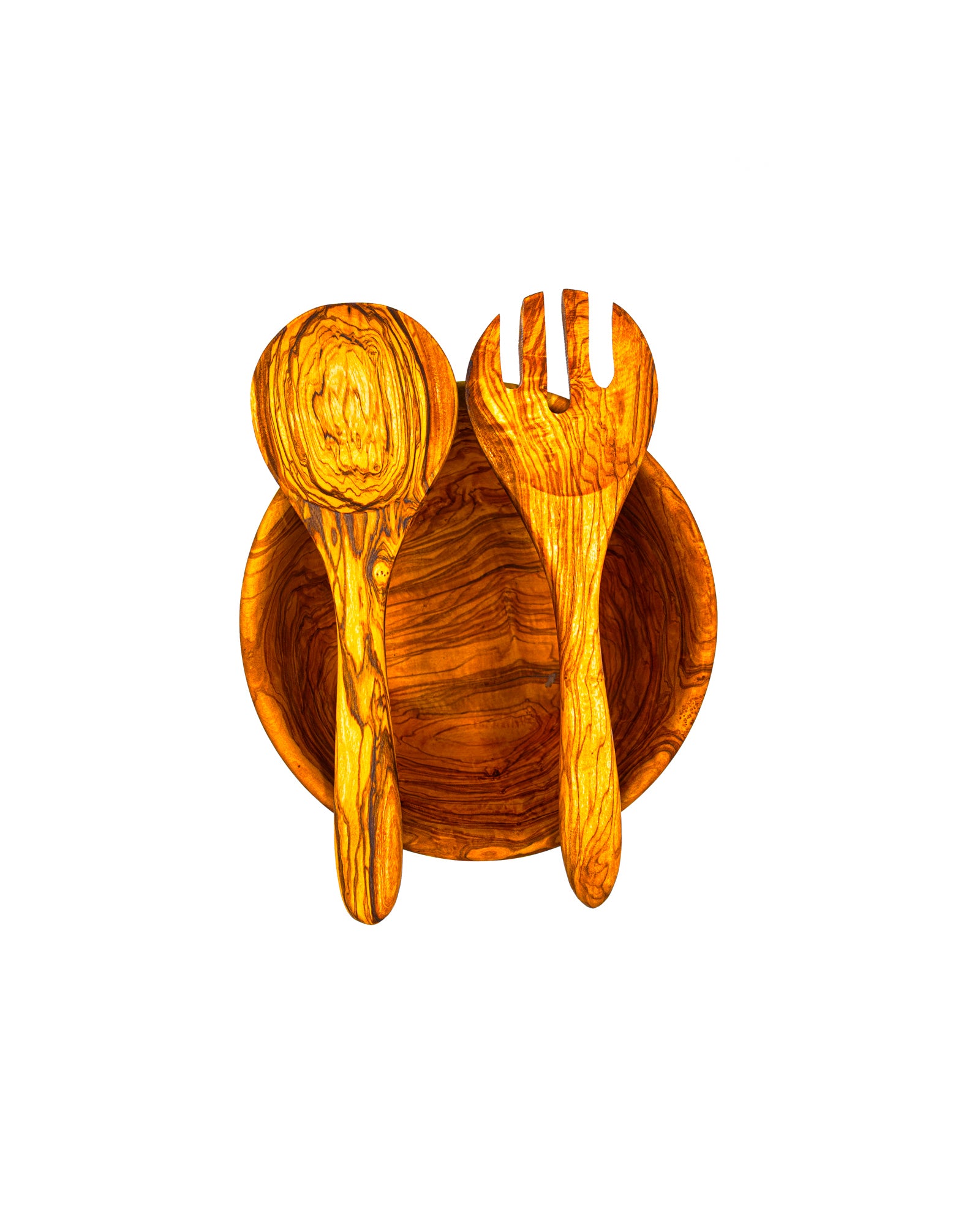Handcrafted 3-piece olive wood salad set featuring a large serving bowl and a matching salad fork and spoon.
