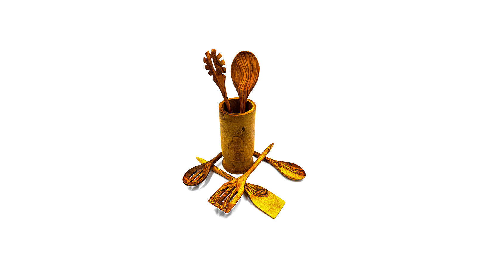 Handcrafted 6-piece olive wood kitchen utensil set including a pasta server, spatulas, and spoons with a matching cylindrical wooden holder.