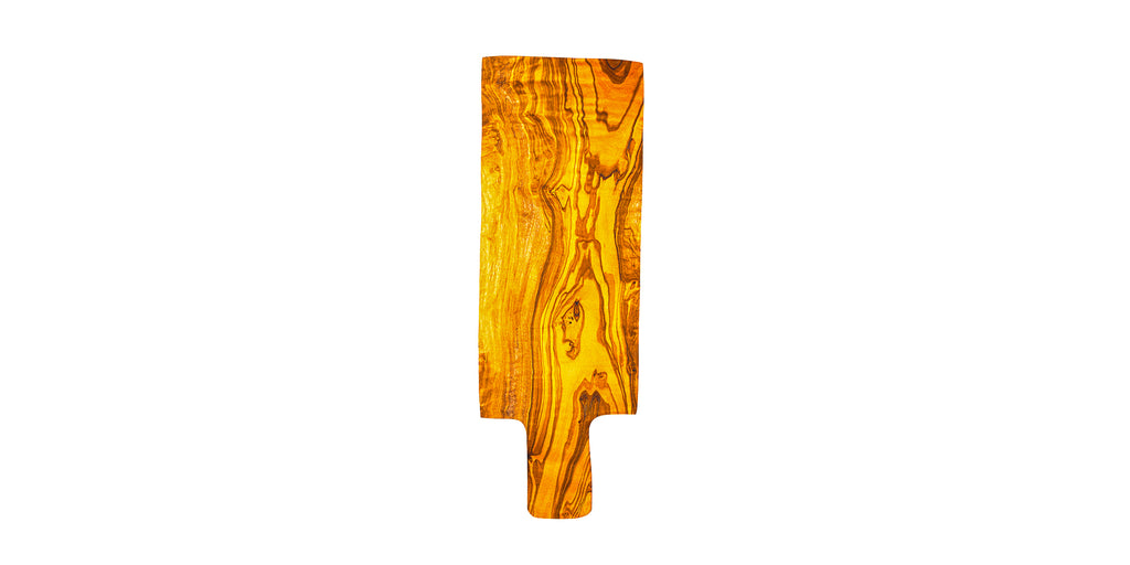 Top-down view of a long olive wood charcuterie board, perfect for serving cheeses, meats, and appetizers.