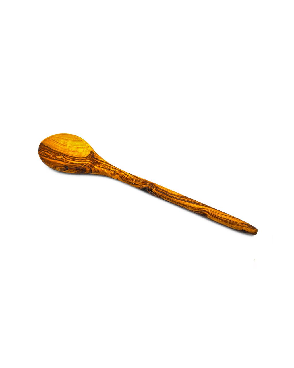 Handcrafted olive wood cooking spoon featuring a unique tapered acute handle and rich natural wood grain.