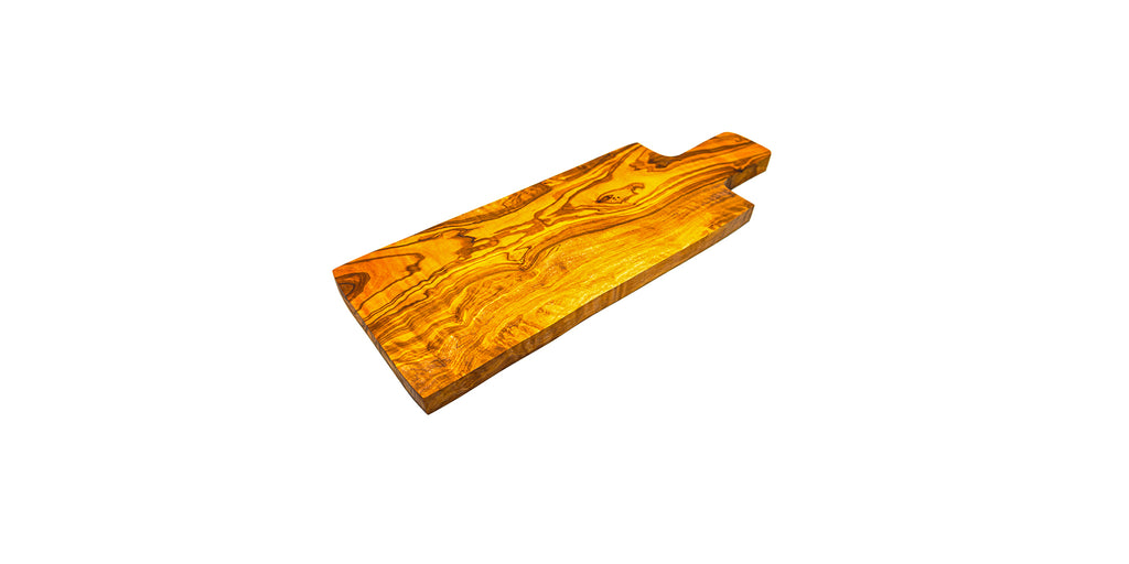 Handcrafted olive wood cutting board with an ergonomic handle, featuring a rich natural wood grain and rustic live edge.