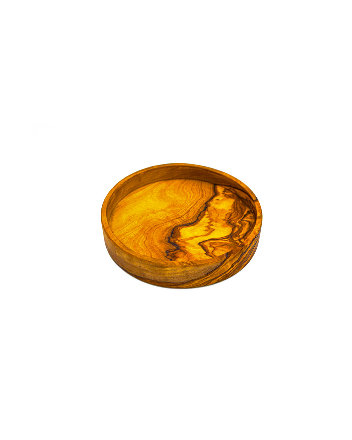Handcrafted round olive wood dipping dish for olive oil and balsamic, featuring a rich natural wood grain.