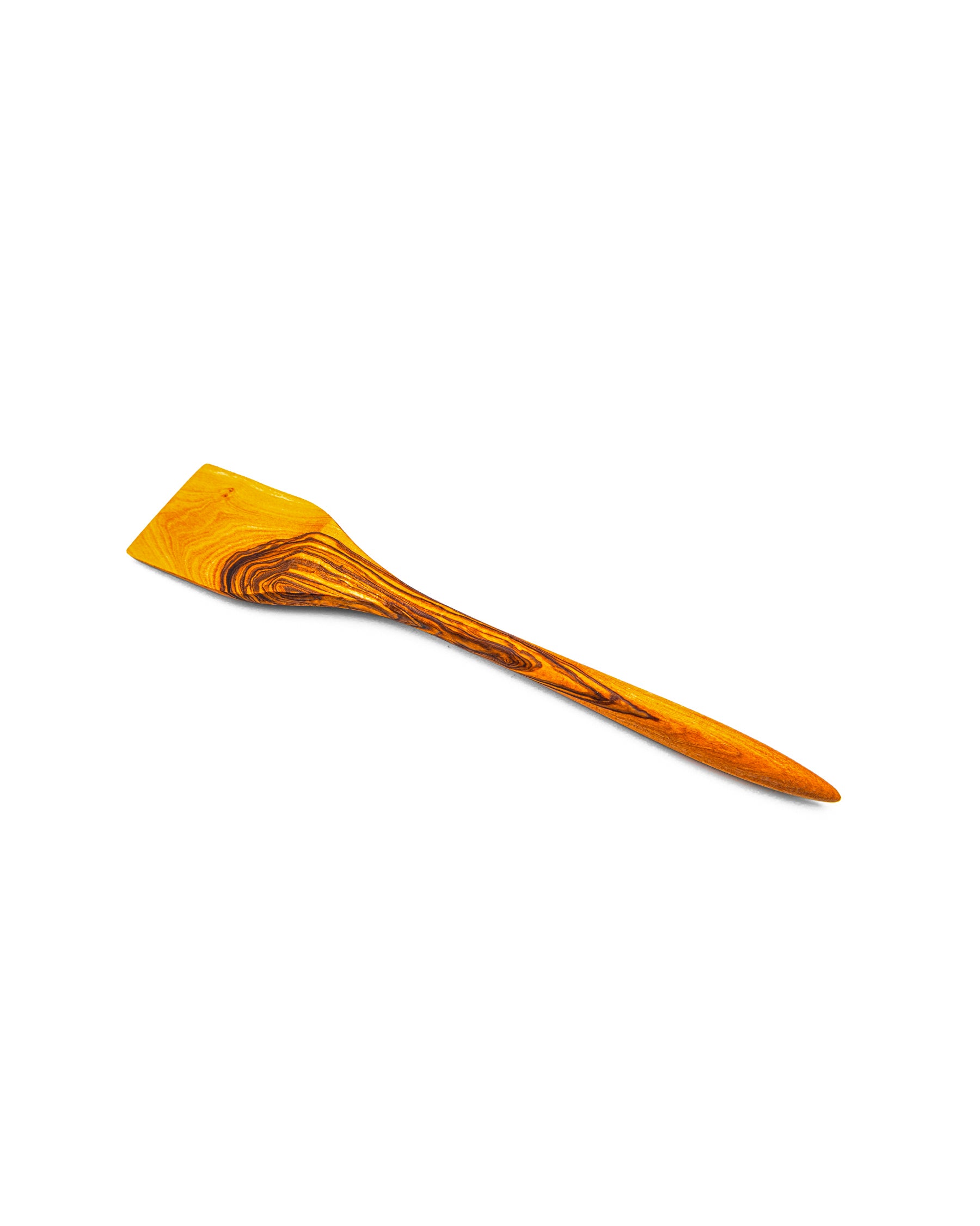 Handcrafted flat olive wood spatula with a straight edge for pan scraping and flipping, featuring a beautiful natural marbled grain.