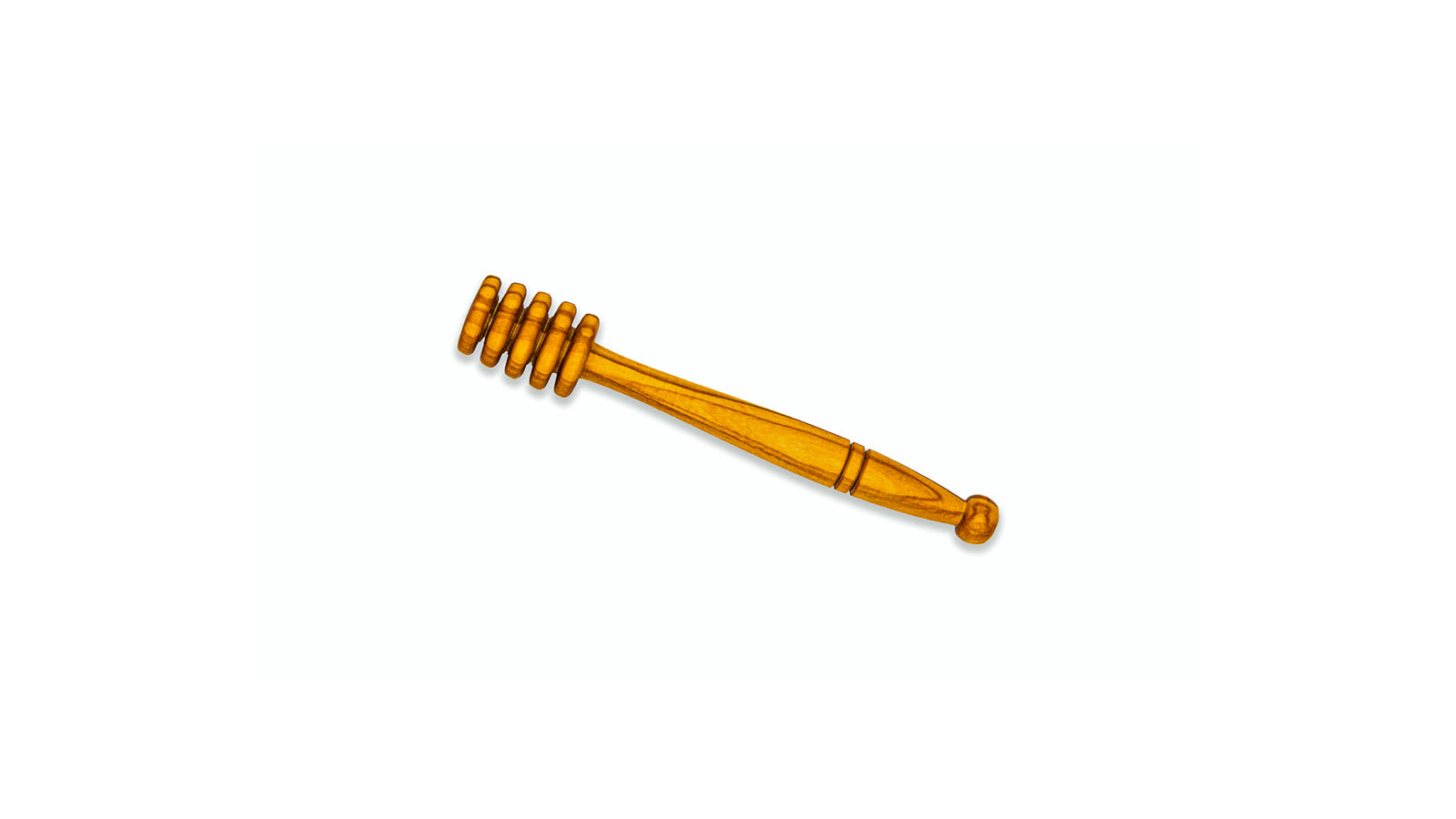 Handcrafted olive wood honey dipper wand with deep horizontal grooves for drizzling honey and syrup.