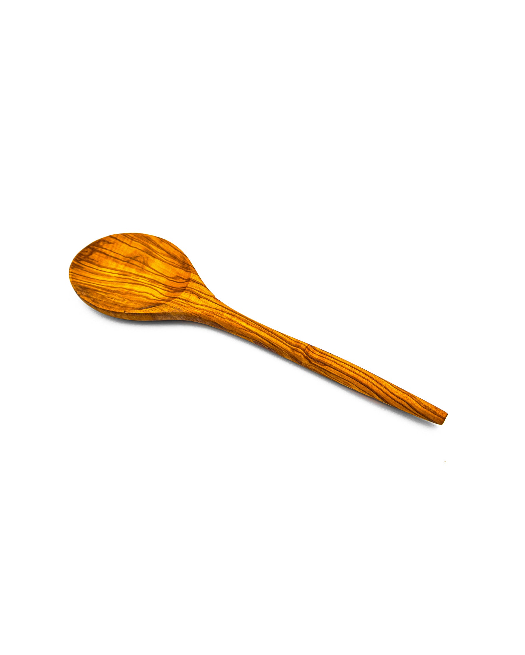 A single handcrafted olive wood mixing spoon with a large oval head and natural wood grain, perfect for stirring and cooking.