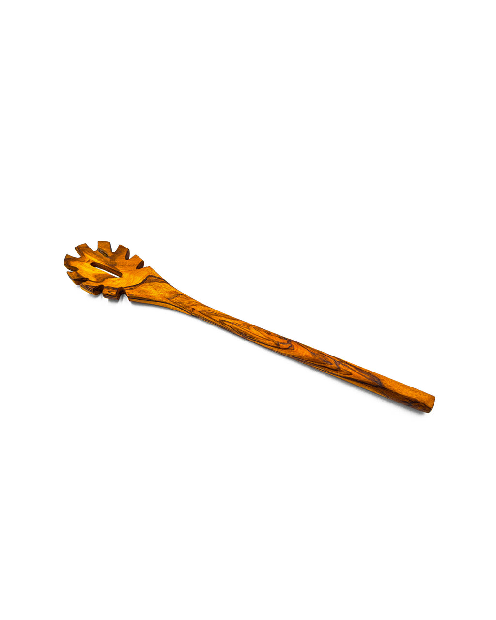 Handcrafted olive wood pasta server featuring rounded teeth and a central drainage hole for serving spaghetti and noodles.