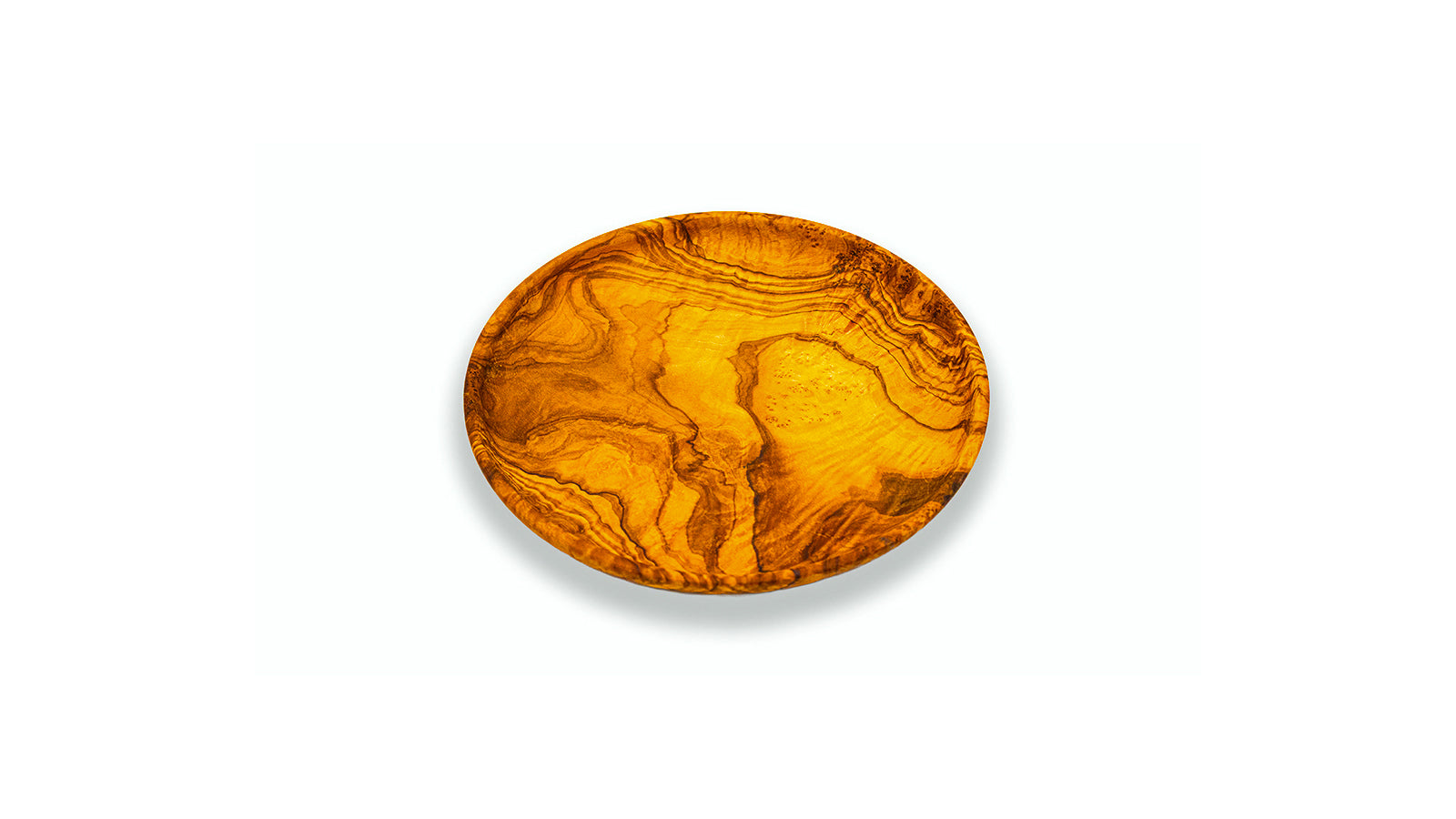 A single handcrafted round olive wood side plate, showcasing a stunning natural grain pattern and smooth finish.