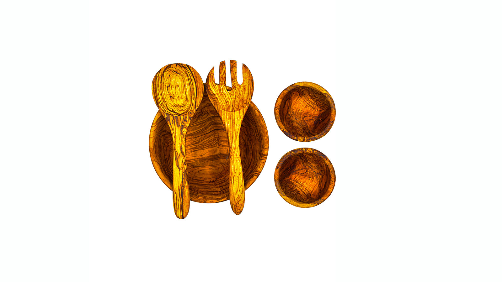 A 5-piece olive wood salad serving set featuring a large handcrafted salad bowl, matching serving fork and spoon, and two small individual snack bowls.