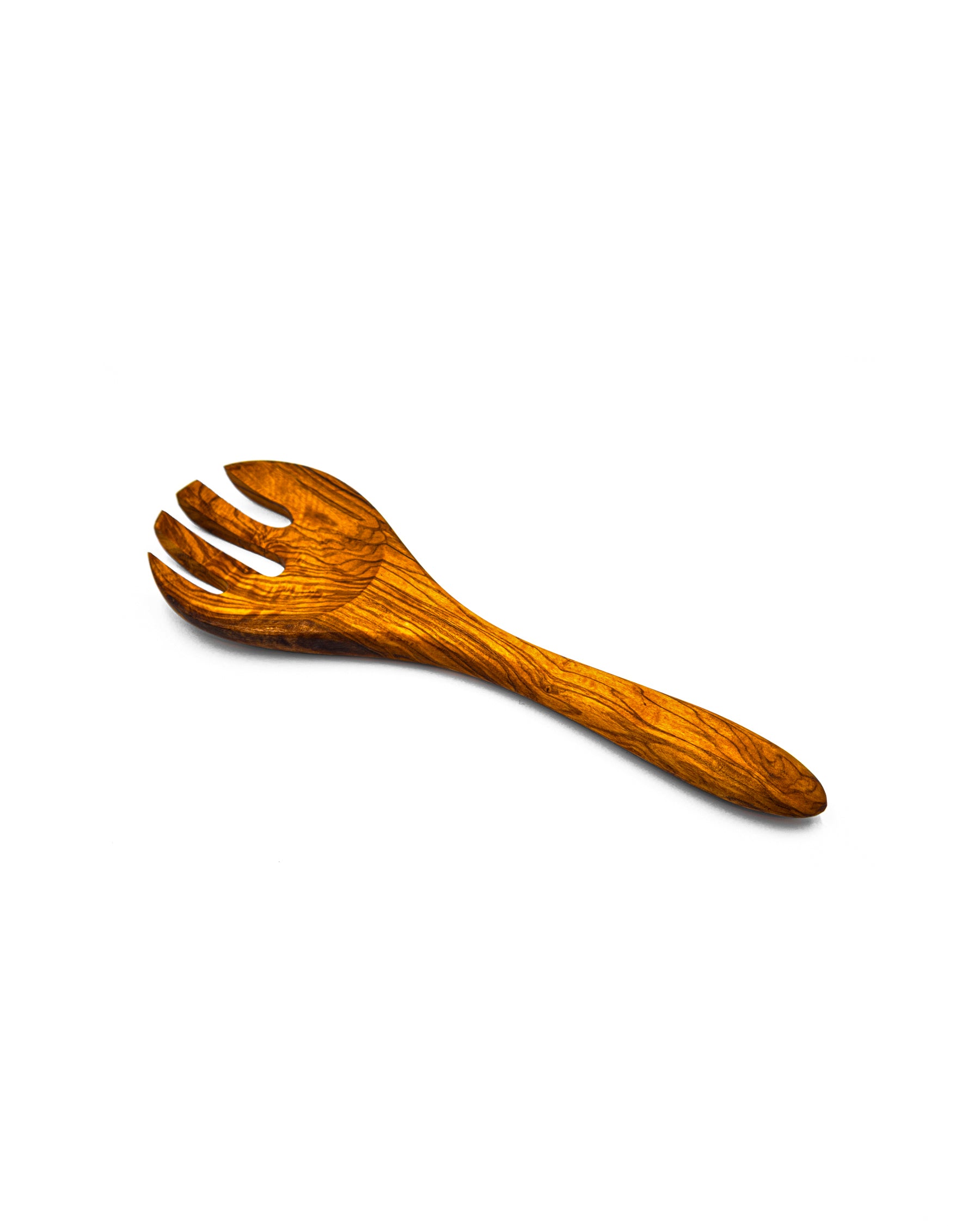 Individual handcrafted olive wood salad serving fork with wide prongs and a natural ergonomic handle, showing rich wood grain.