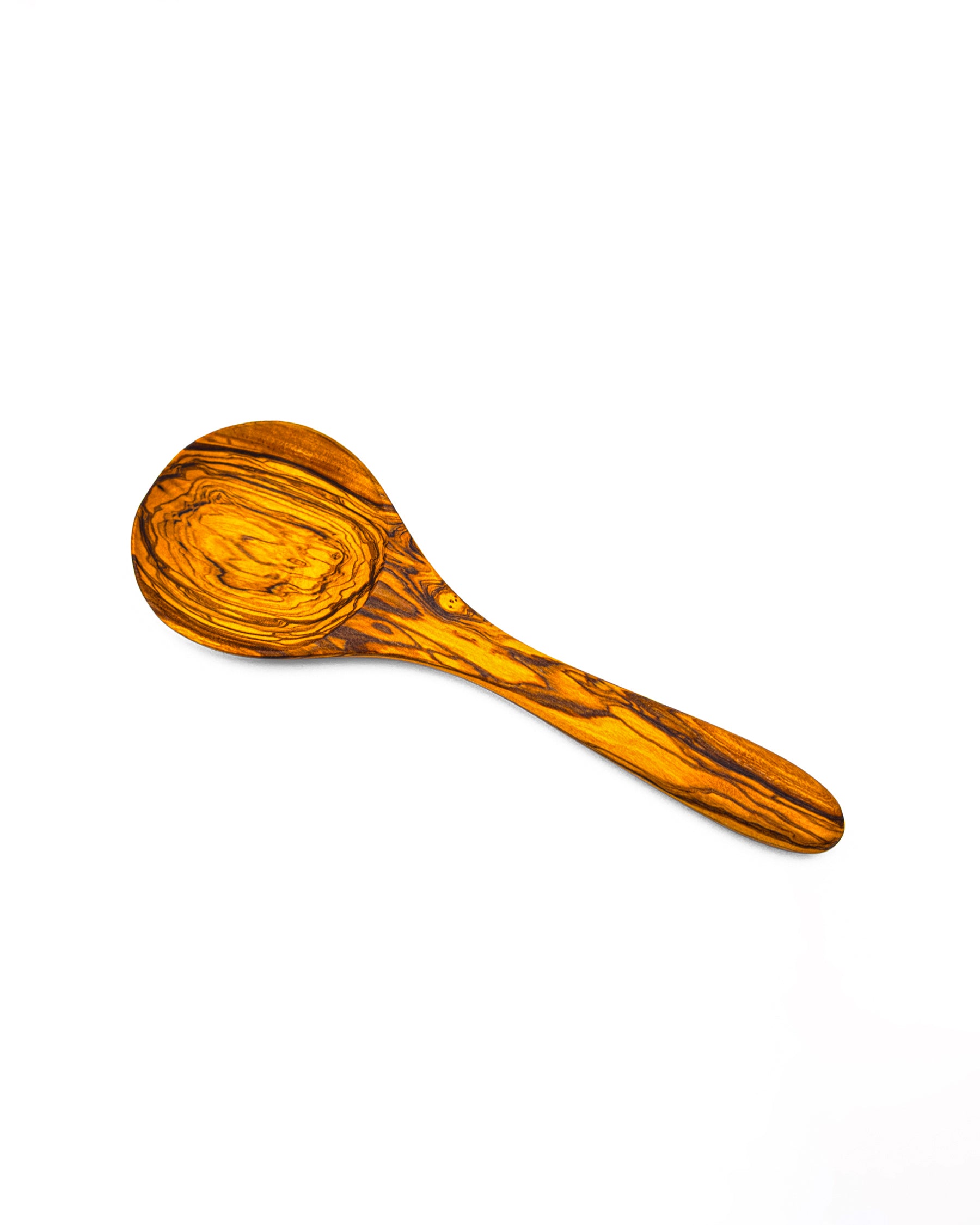 Individual handcrafted olive wood salad serving spoon with a wide round head and striking natural wood grain pattern.