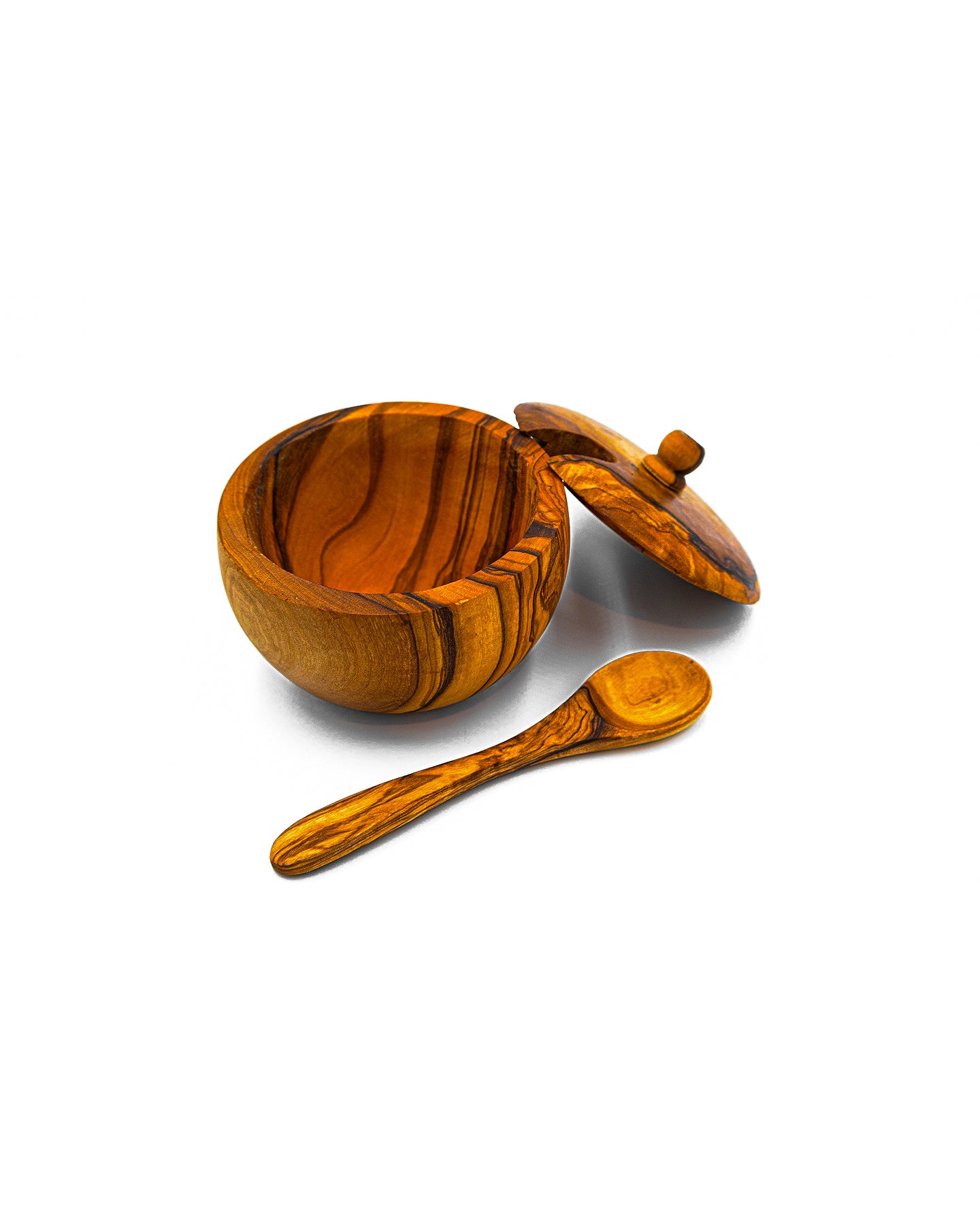 Single handcrafted olive wood salt cellar featuring a swivel magnetic lid and mini spoon, showcasing the unique natural wood grain.