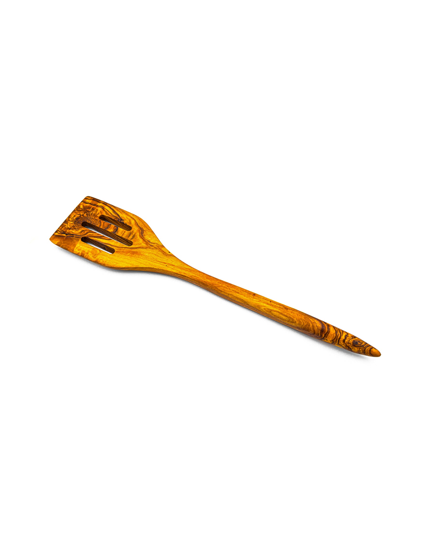 Handcrafted olive wood slotted spatula with three drainage slots, designed for flipping and serving food with a natural grip.