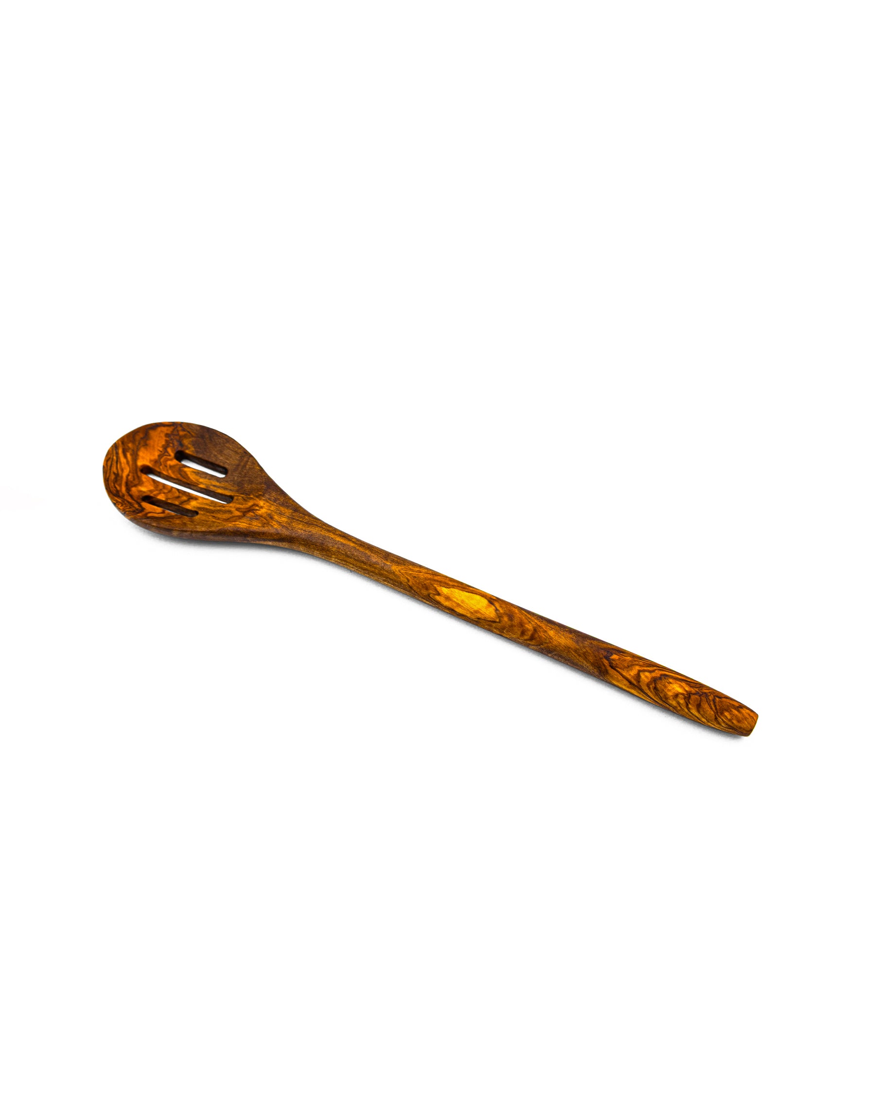 Handcrafted olive wood slotted spoon featuring three vertical drainage slots, perfect for straining and serving vegetables or pasta.