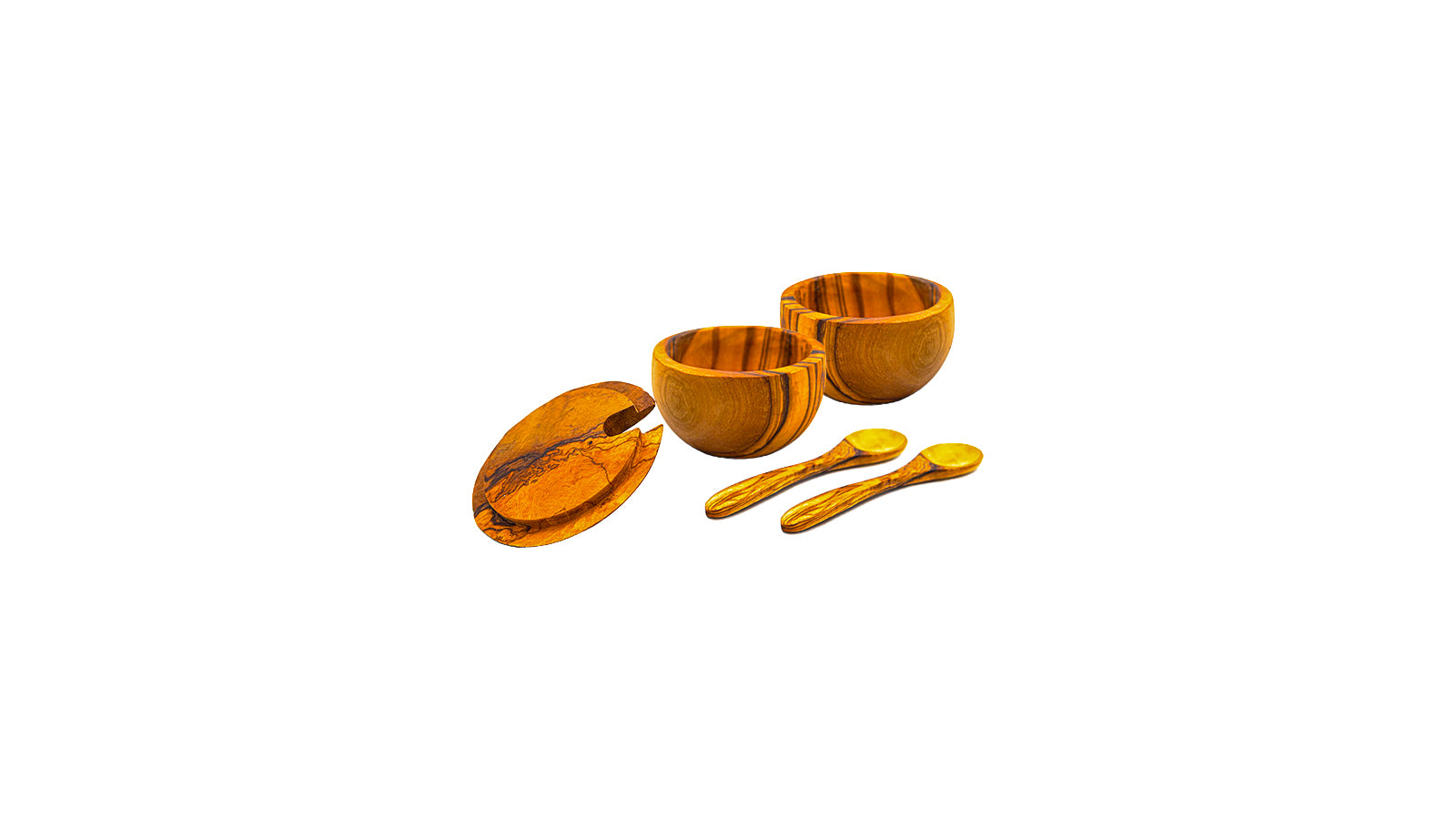 A pair of handcrafted olive wood spice boxes with swivel lids and small wooden spoons, ideal as a salt and pepper cellar set for tabletop use.