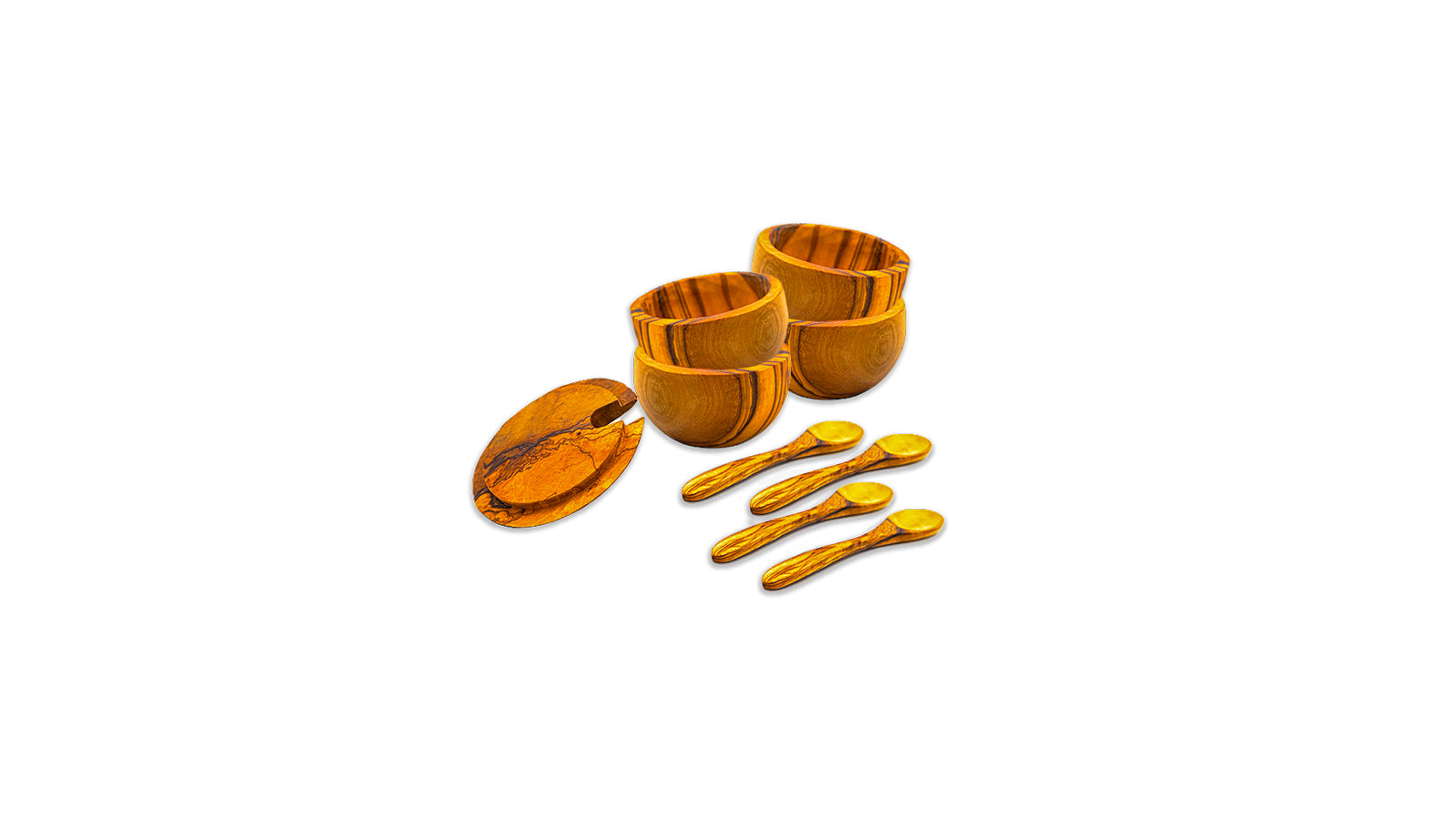 Set of four handcrafted olive wood spice boxes with swivel lids and matching small wooden spoons for salt, pepper, and seasonings.