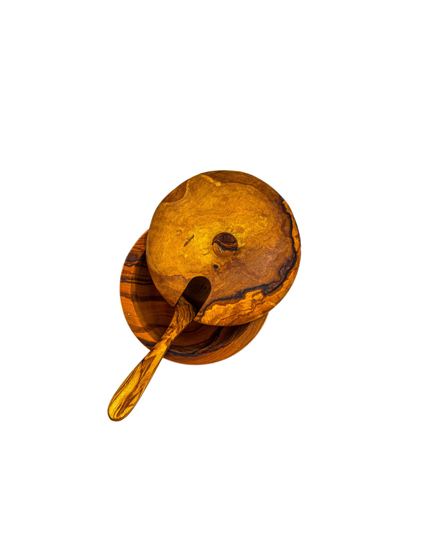 Top-down view of a handcrafted olive wood spice box showing the functional swivel lid mechanism.