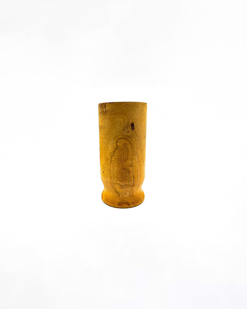 Handcrafted cylindrical olive wood utensil holder with a pedestal base, showcasing natural burls and wood grain.