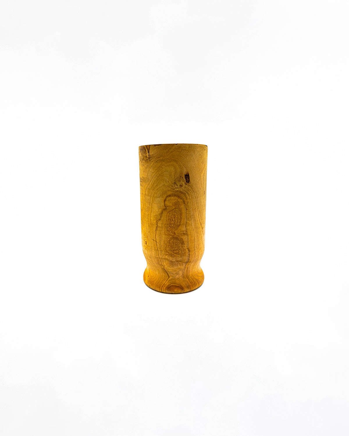 Handcrafted cylindrical olive wood utensil holder with a pedestal base, showcasing natural burls and wood grain.
