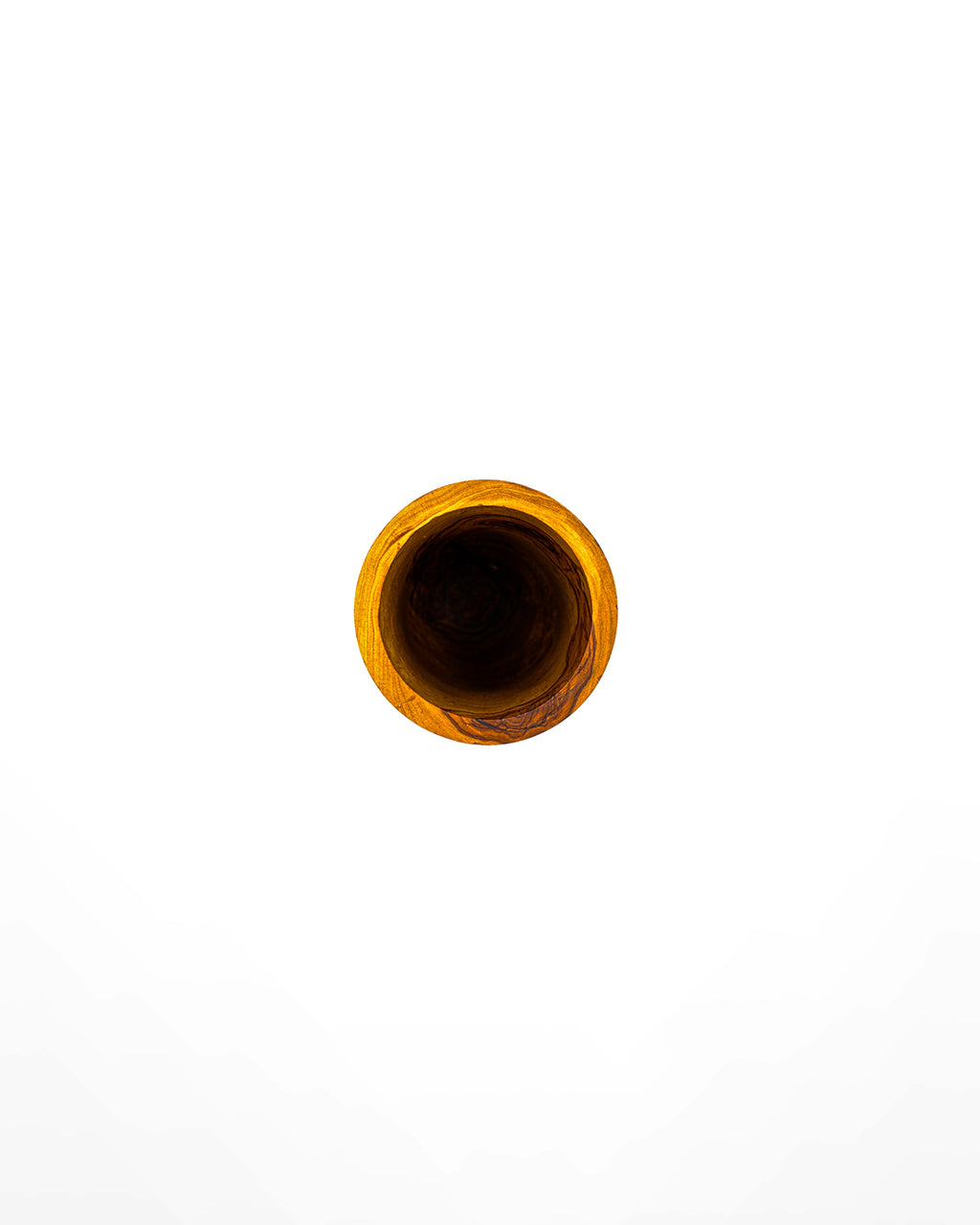 Top-down view of the interior of an olive wood utensil pot, showing the thick walls and sturdy handcrafted construction.