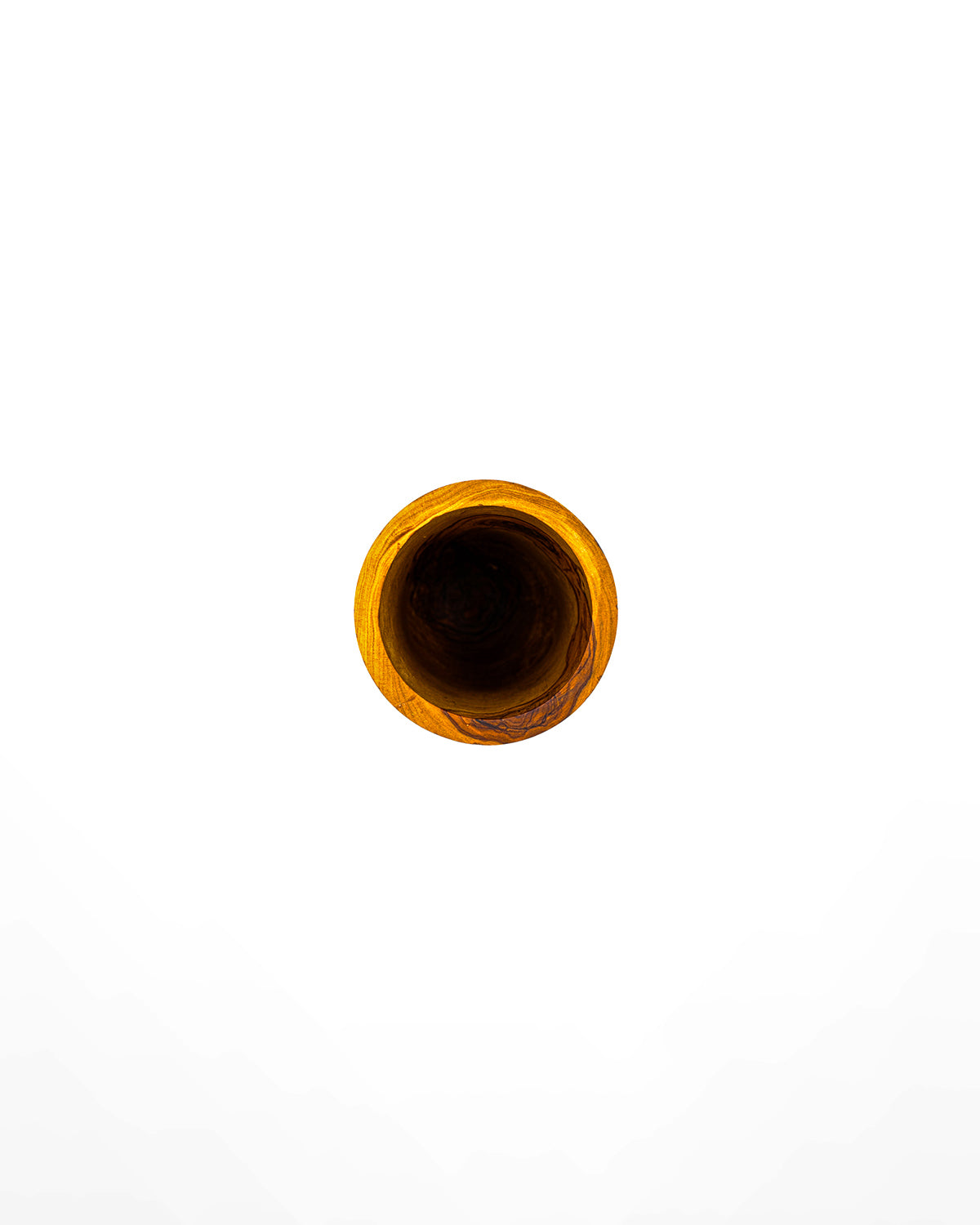 Top-down view of the interior of an olive wood utensil pot, showing the thick walls and sturdy handcrafted construction.