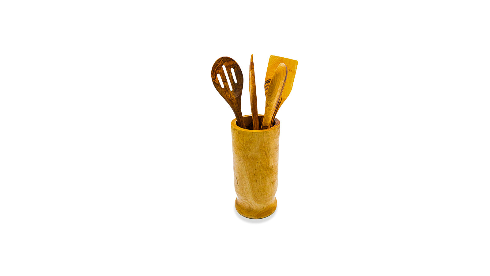 Handcrafted 4-piece olive wood kitchen utensil set stored in a matching cylindrical wood utensil holder.