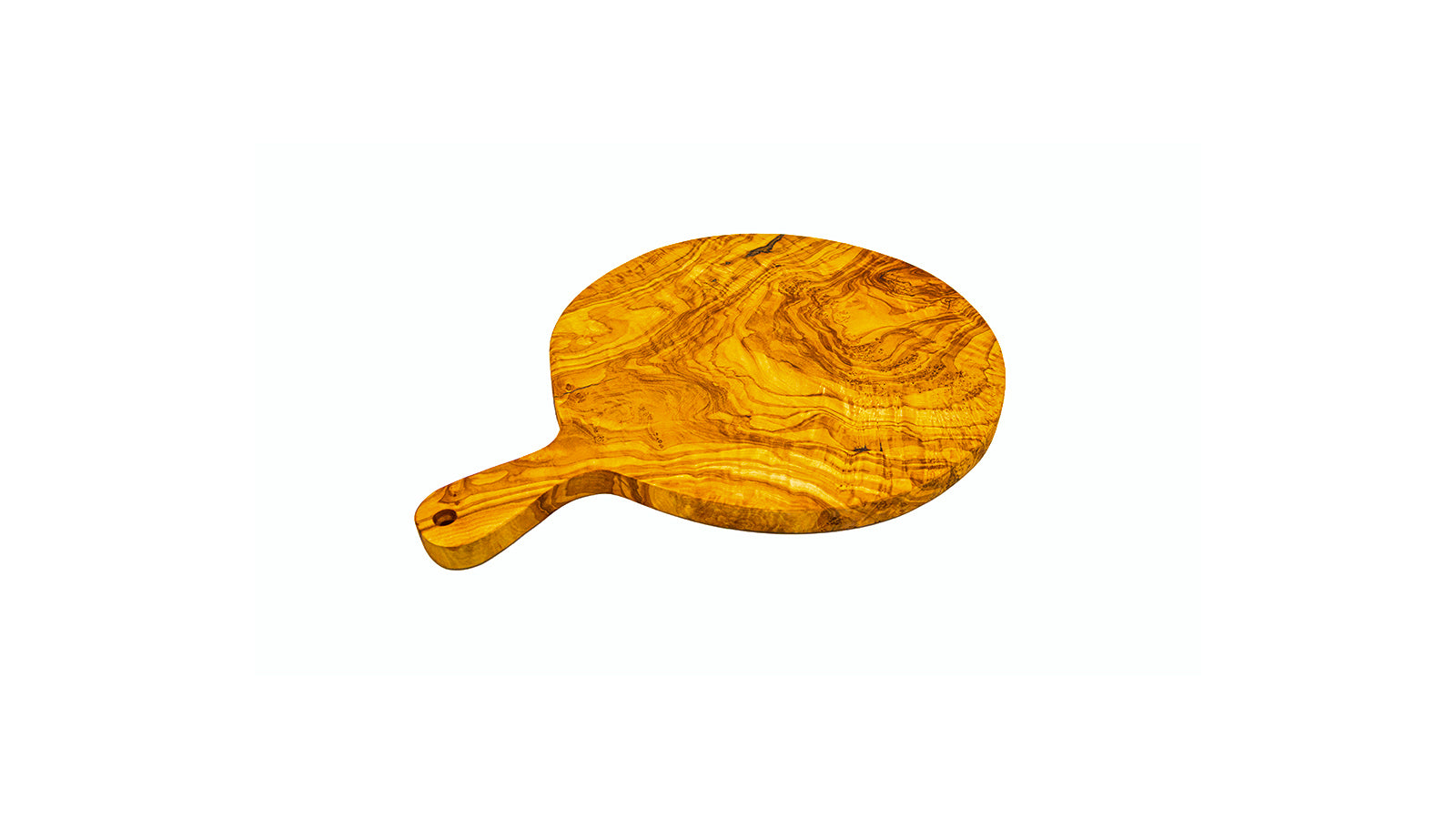 Handcrafted round olive wood serving board with a sturdy handle, featuring circular natural grain marbling.