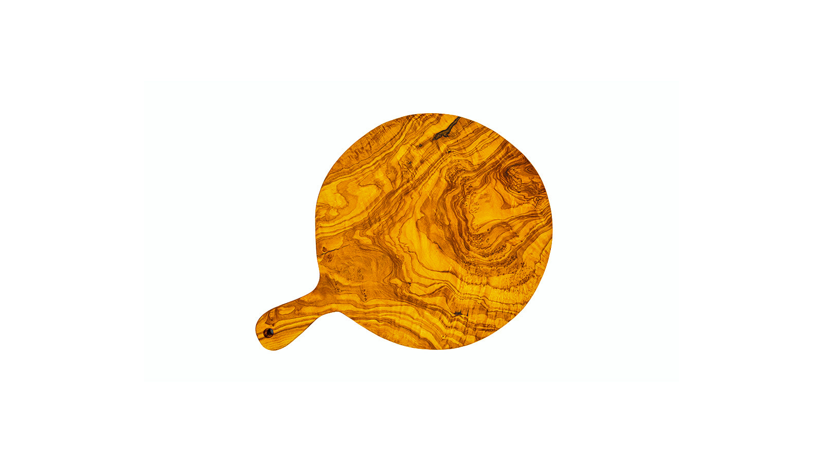 Perspective view of a rustic round olive wood charcuterie paddle, ideal for serving appetizers or a personal cheese plate.