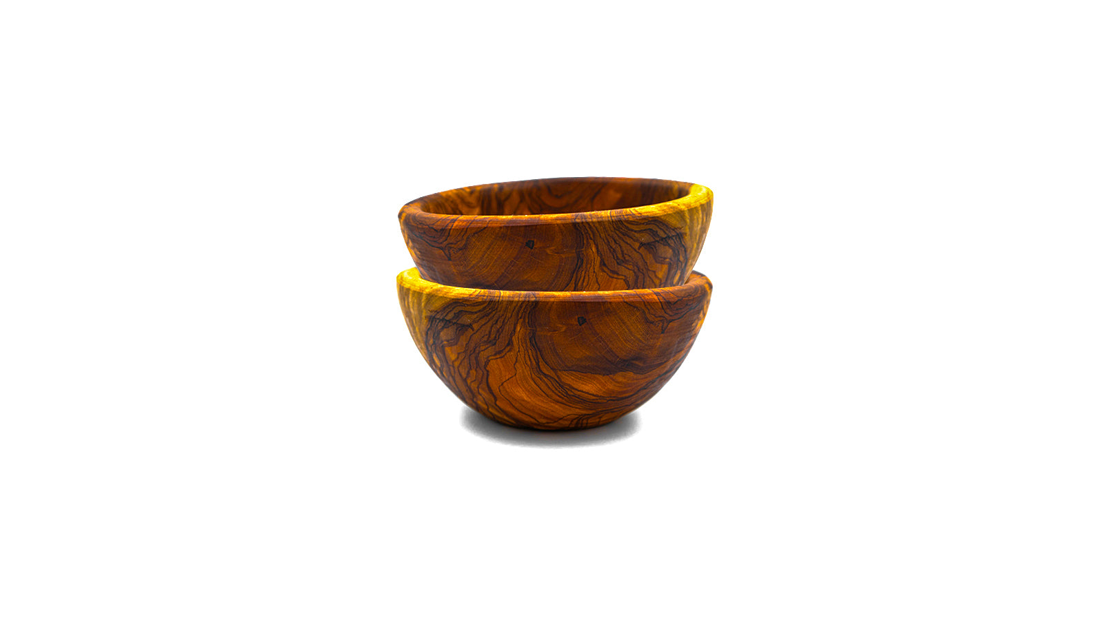 Side profile of two small handcrafted olive wood bowls, stacked to show their depth, natural curved shape, and unique wood grain.