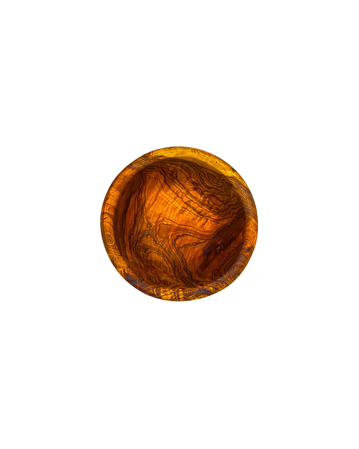 Overhead view of a small handcrafted olive wood pinch bowl showing the unique circular wood grain patterns.