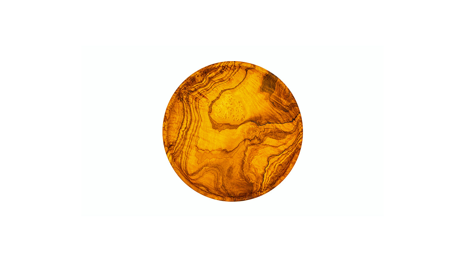 Top-down view of an individual olive wood serving plate, featuring unique, high-contrast wood grain marbling.